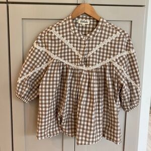 Listicle Brown Gingham Swing Top with lace detailing